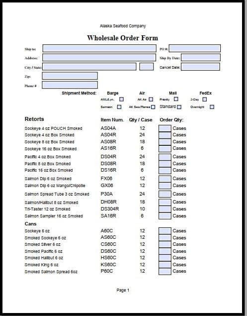 Alaska Seafood Company Wholesale - Order Form
